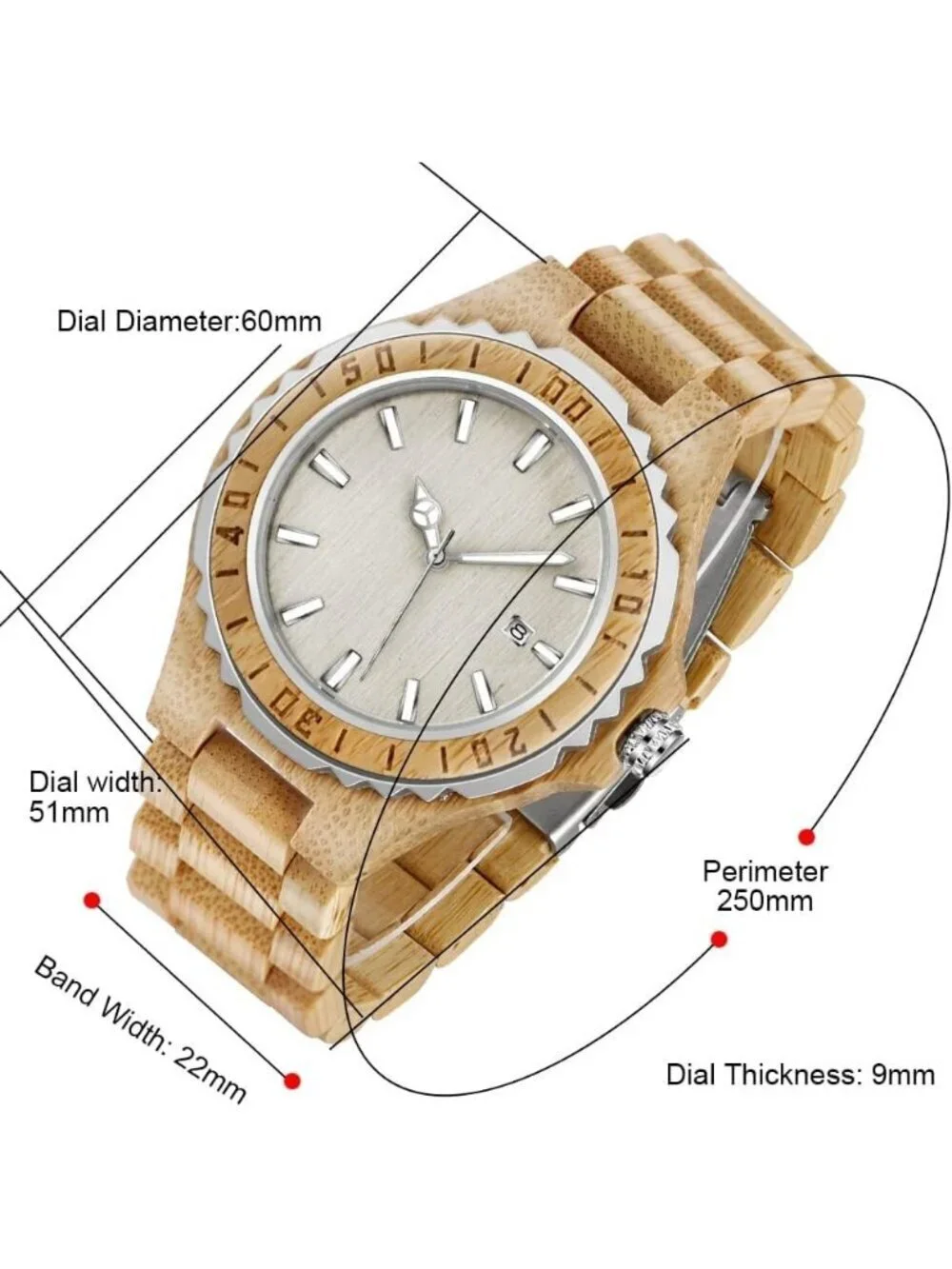 Men's Beige White Classic Handmade Round Bamboo Analog Date Quartz Wooden Watch
